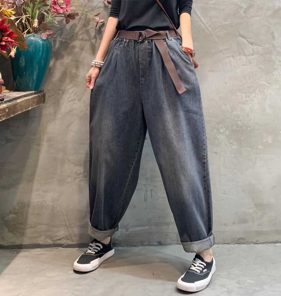 纯色砂洗老爹裤大版宽松遮肉显瘦九分裤女褶皱牛仔裤