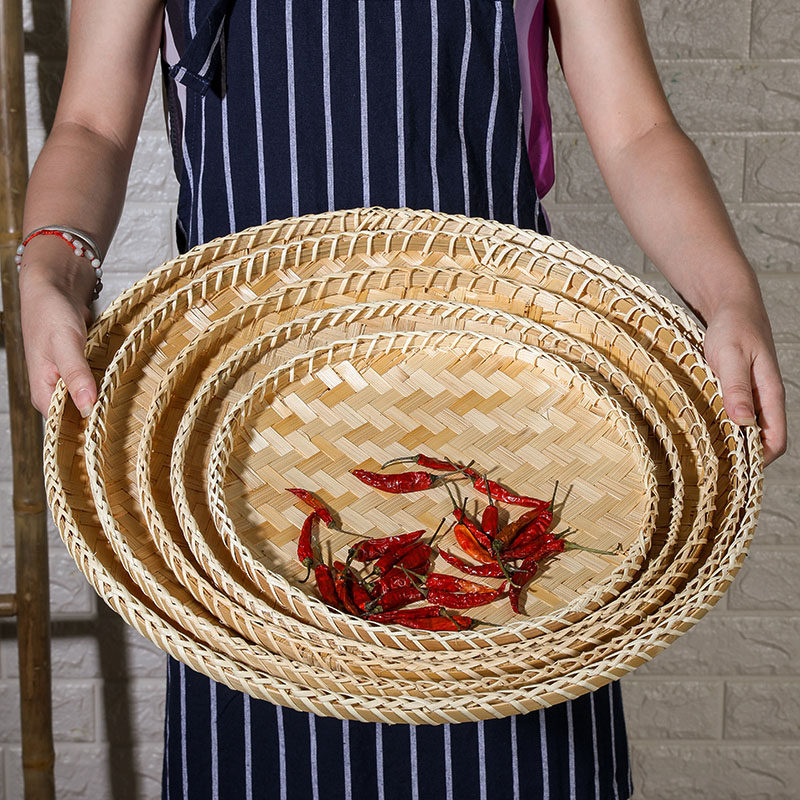 干净竹篾编制平盘 地区民间手工艺品竹筛子 晾晒陈皮干果黄豆簸箕