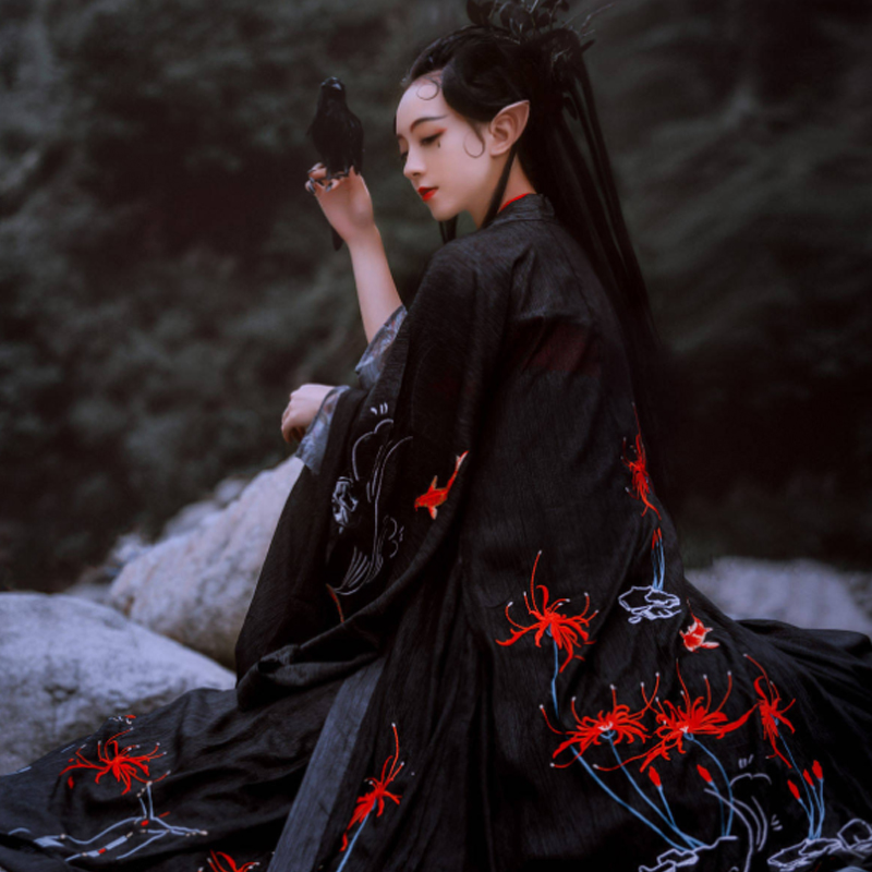 山海集汉女生红色色系彼岸花春夏中国国风日常民族服装