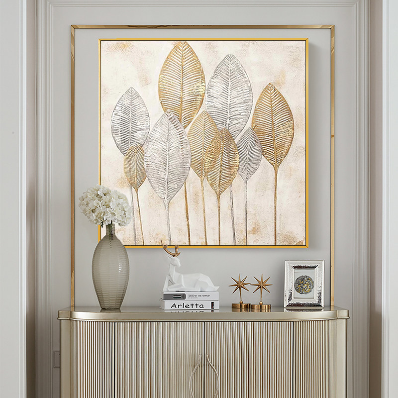 金枝玉叶简约美式金色植物装饰画手绘油画正方形玄关油画