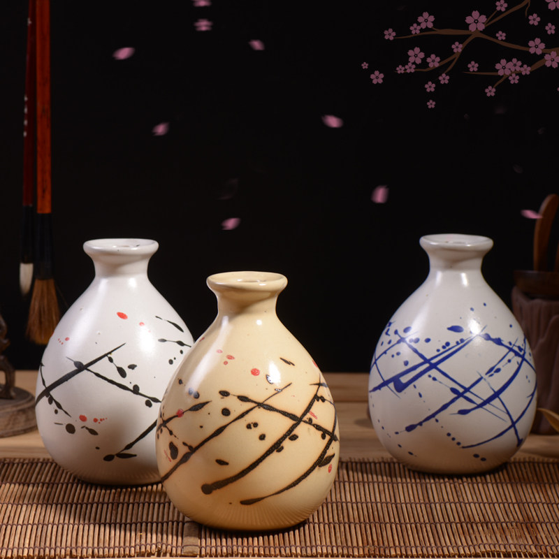 宜兴陶瓷酒瓶 1斤装手绘樱花白色土陶酒坛白酒存酒小酒壶花瓶摆件