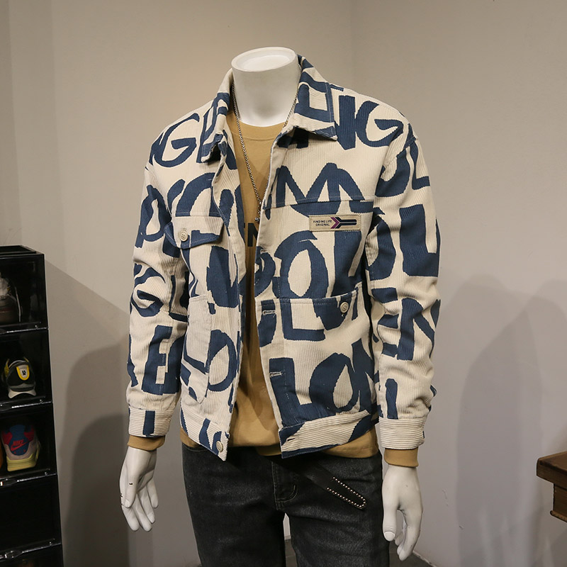 时尚潮牌休闲印花男士灯芯绒外套男潮宽松韩版青年潮流翻领夹克男