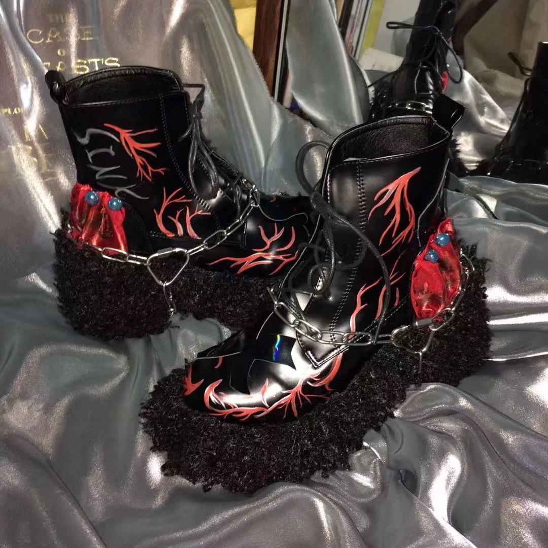 sinking独立设计系带铆钉粗跟火焰手绘花纹锁链高帮鞋