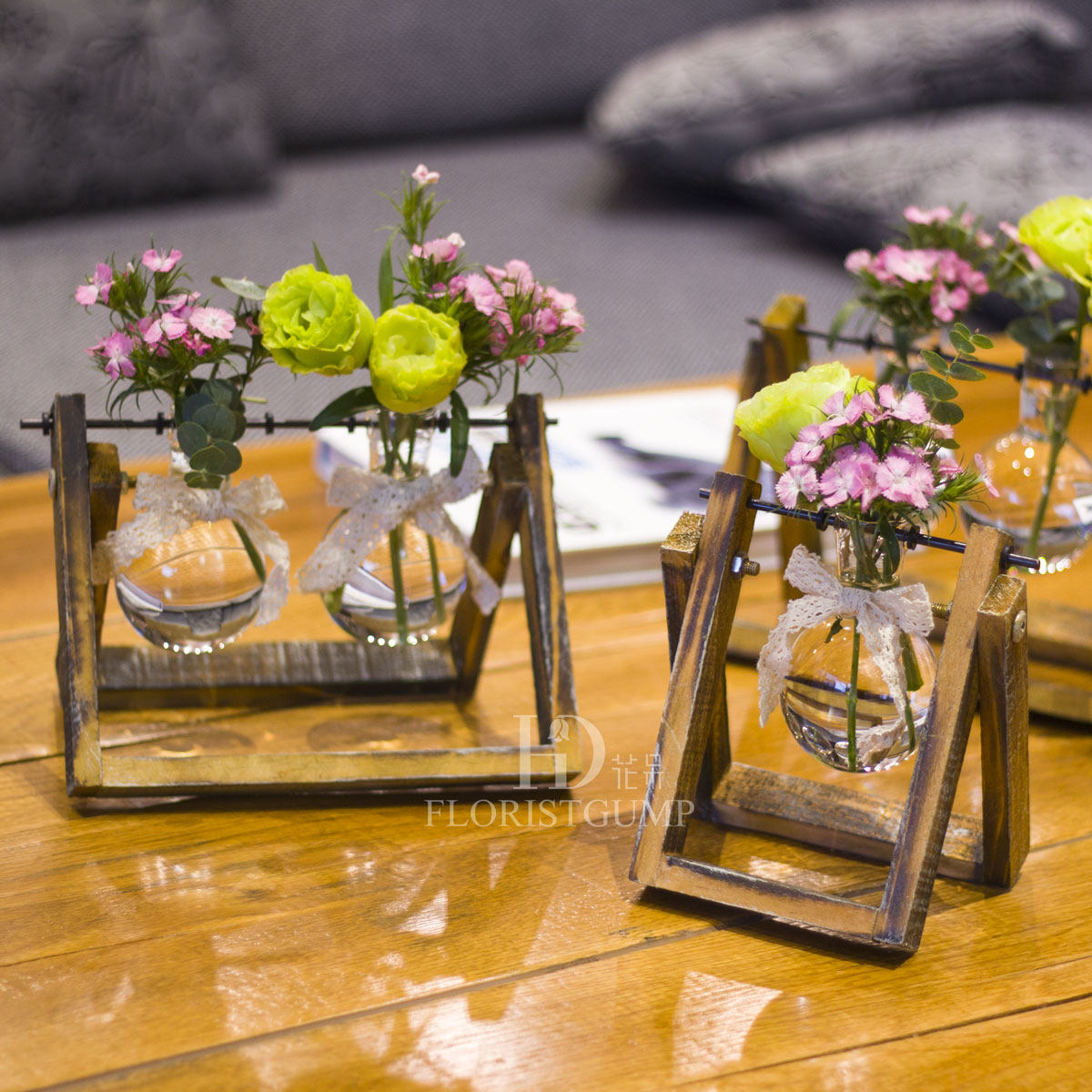 创意木架水培植物花器透明玻璃插花花瓶欧式小清新办公室桌面摆件