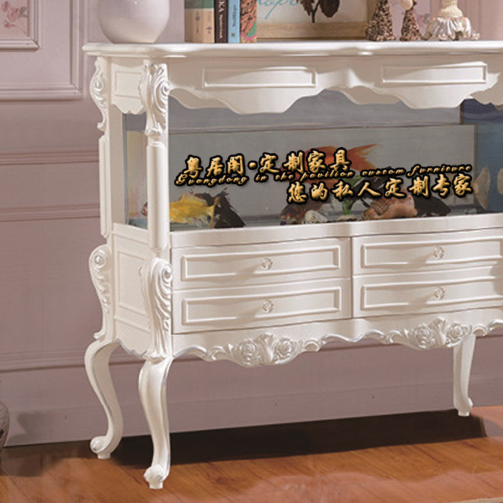 欧式实木鱼缸白色别墅雕花高端客厅装饰小型桌面缸