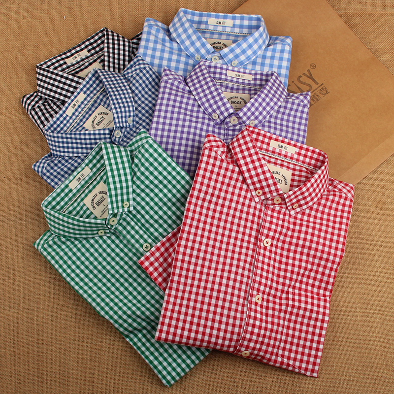 格子衬衫男短袖港风夏季修身韩版 薄款纯棉潮流拼色半袖休闲衬衣