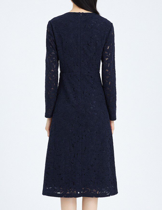 娜尔思植绒镂空提花蕾丝收腰长袖连衣裙秋冬新款西装裙nf06661q5