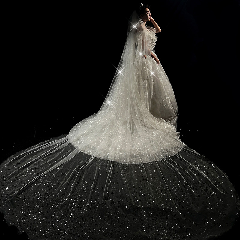 2022新款婚礼主婚婚纱双层星空闪细闪拖尾头纱头纱