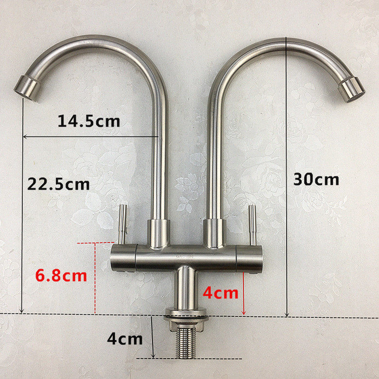 双管双开关单孔单冷厨房水龙头304不锈钢可旋转双把双控双出龙头