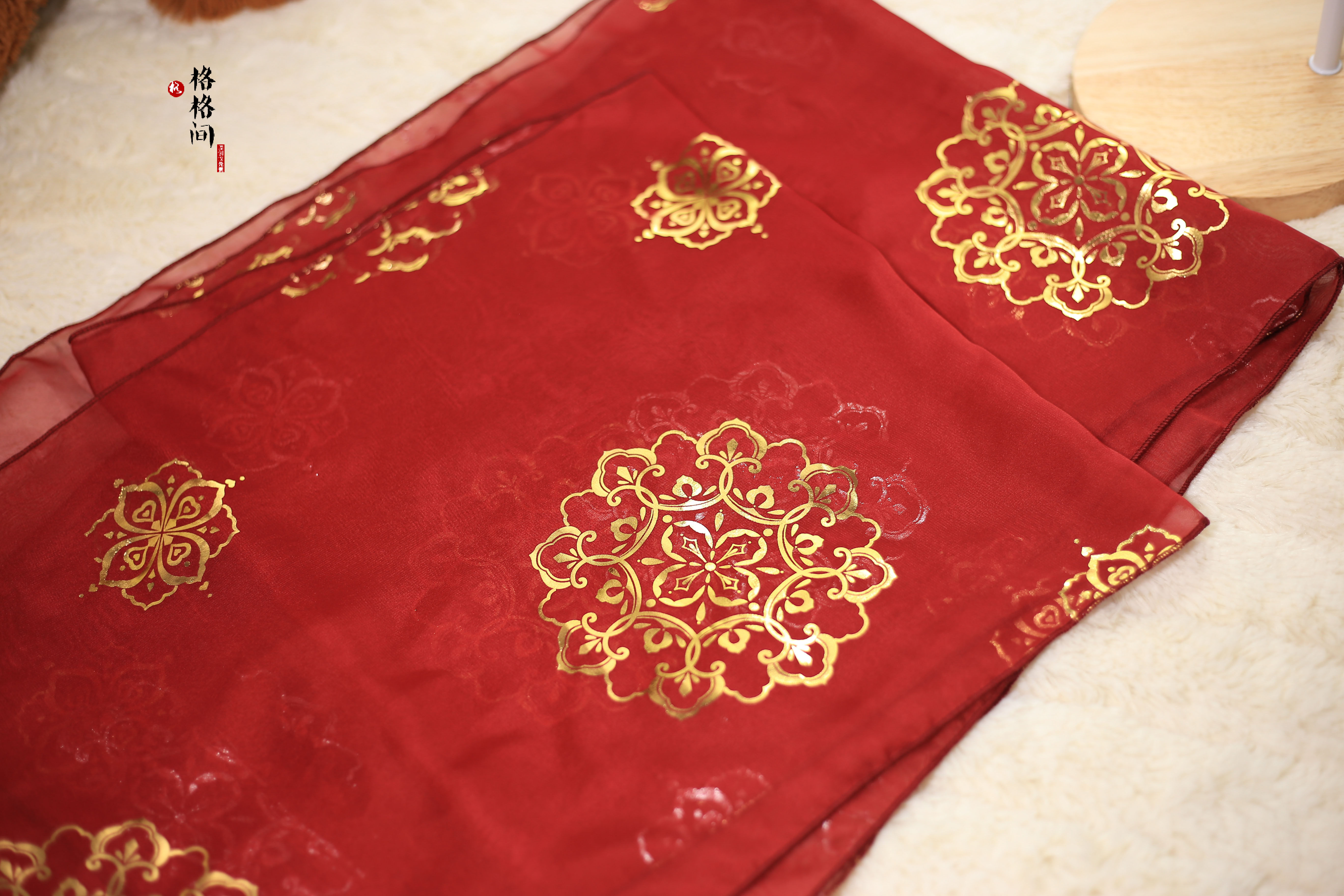 酒红团花印印花烫金金汉服披帛女雪纺敦煌舞蹈汉服