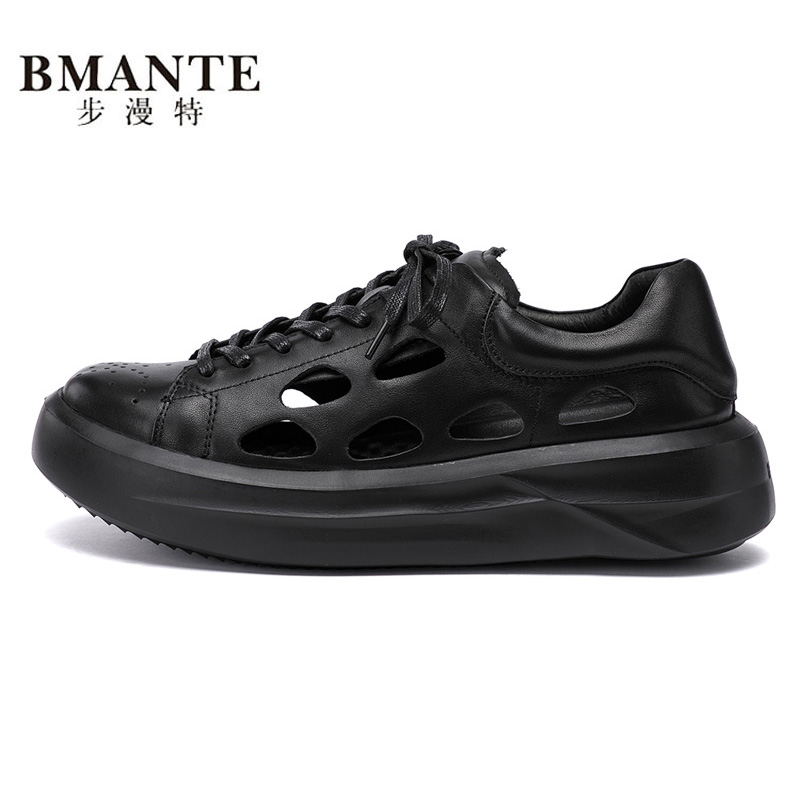 夏季潮流轻便软底洞洞休闲鞋男真皮镂空透气厚底旅游鞋松糕增高鞋