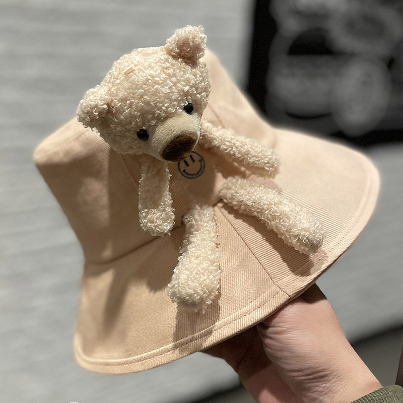 韩版ins可爱卡通小熊笑脸渔夫帽子子女春夏帽子