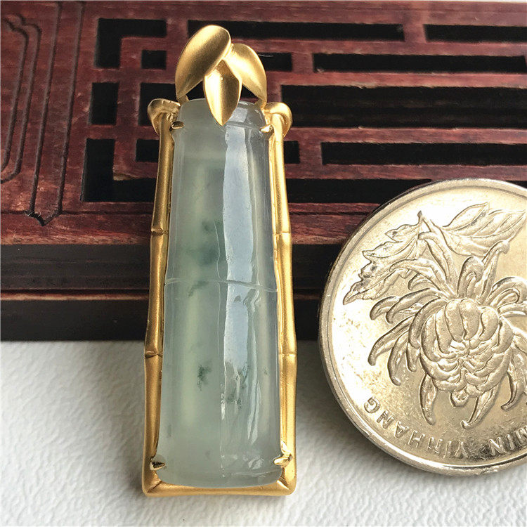 翡翠简安颈饰节节高镶金缅甸挂件竹节冰种镶嵌颈饰