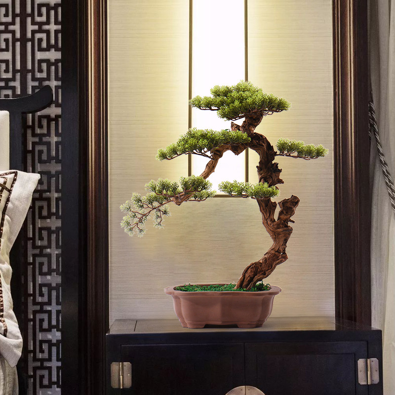 新中式盆景端景玄关样板绿植造型崖柏下探汉松仿真植物盆景