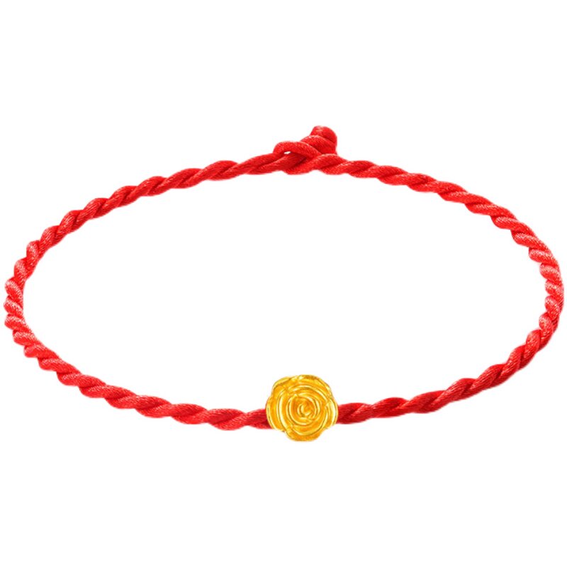 玫瑰花手链足金龙凤佳人3d硬金黄金女足红绳手饰