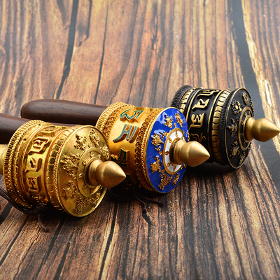 佛教纯铜法器吉祥彩绘莲花绿度母心手摇转经筒摆件