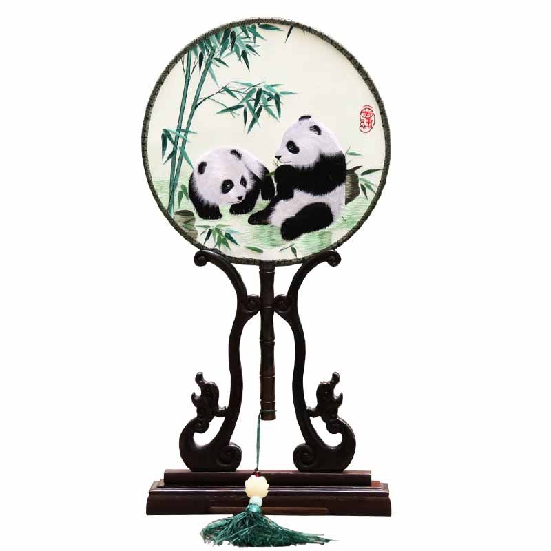 四川成都旅游熊猫纪念品蜀绣团扇摆件手工艺品双面送礼刺绣