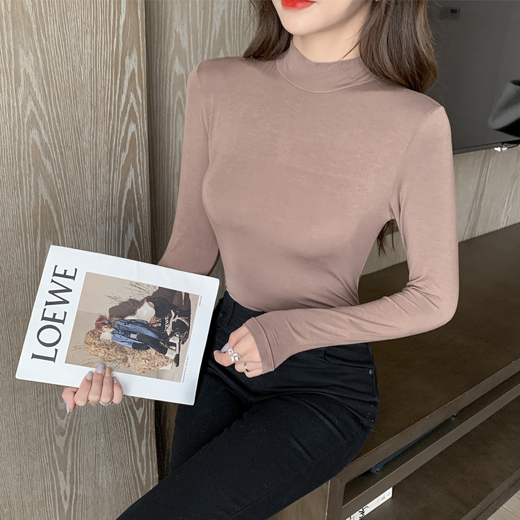 莫代尔半高领打底衫女长袖t恤2020新款秋冬内搭洋气黑色薄款上衣 - 图1