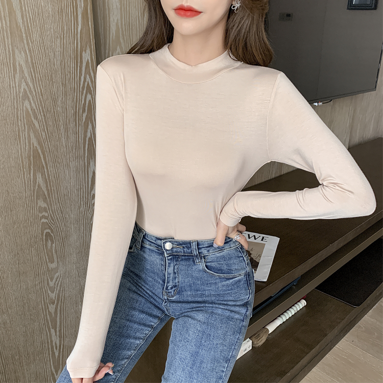 莫代尔半高领打底衫女长袖t恤2020新款秋冬内搭洋气黑色薄款上衣 - 图2