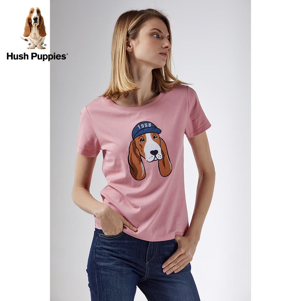 hush puppies暇步士女装2019新夏季纯棉刺绣短袖圆领t恤|hd-19364