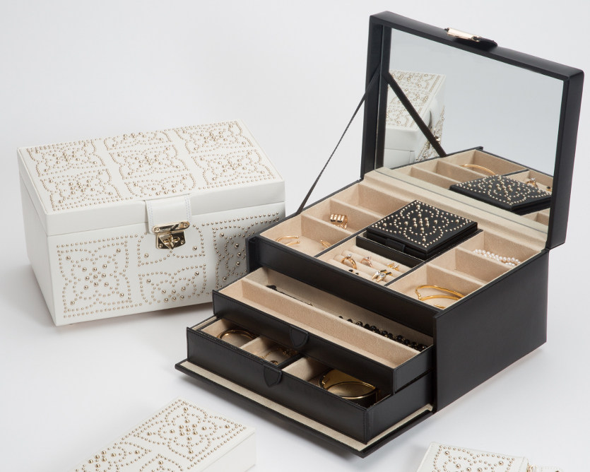 wolf马拉喀什marrakesh 首饰盒 象牙白黑色 美国 中号 铆钉真皮 - 爱