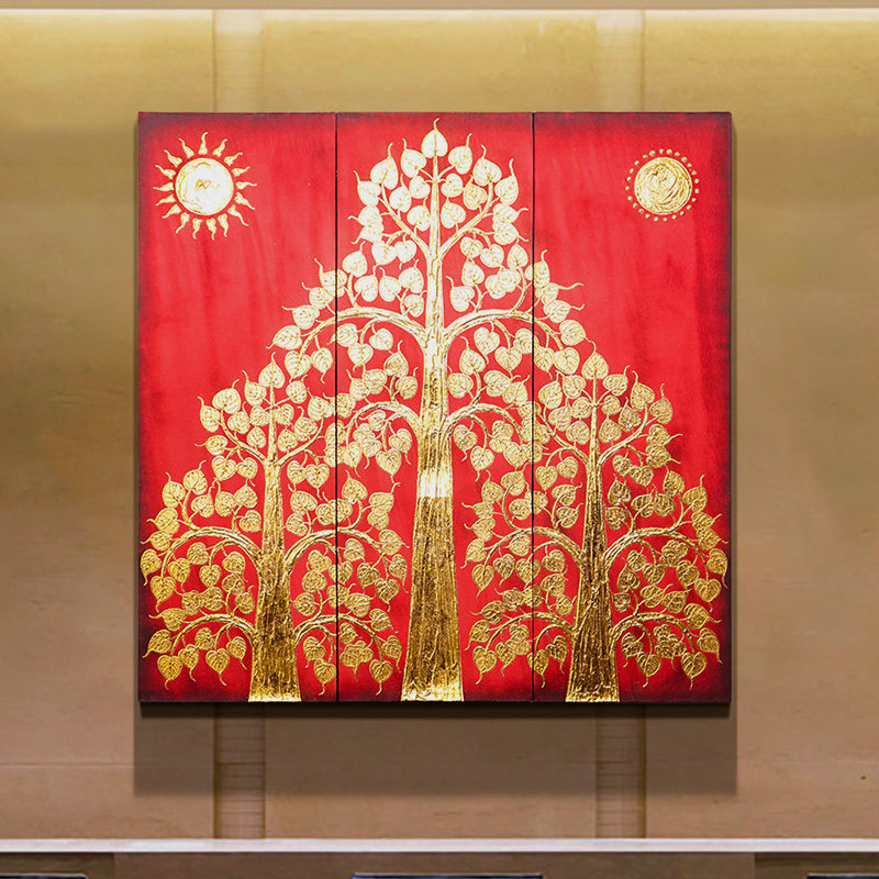 东南亚家居饰品泰国手绘菩提菩提树树挂墙饰客厅电视现代装饰画