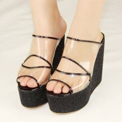 鱼嘴凉鞋女2017夏季透明厚底松糕超高跟坡跟鞋女拖凉鞋子大码43