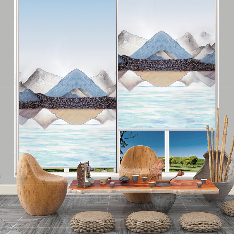 胀紧式免打孔安装山水卷帘窗帘画风风景升降卷帘