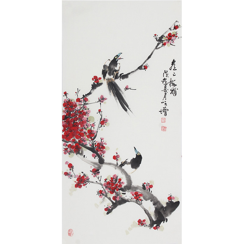 卧室装饰水墨花鸟梅花壁画书房客厅竖幅三尺国画