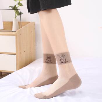 23 New Socks Summer Women's Cotton Bottom Glass Stockings Korean Style Medium Tube Thin Breathable Bear Net Stockings Ins Trend