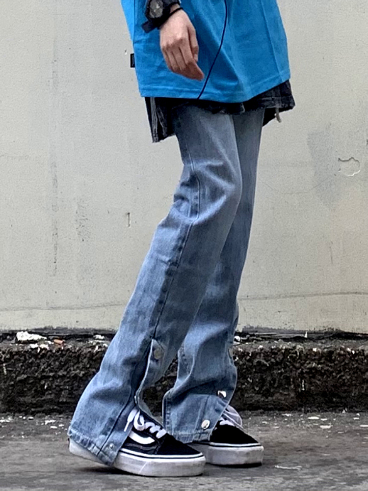 欧美大码高街牛仔裤2022秋季新款复古嘻哈开叉排扣垂坠感拖地长裤