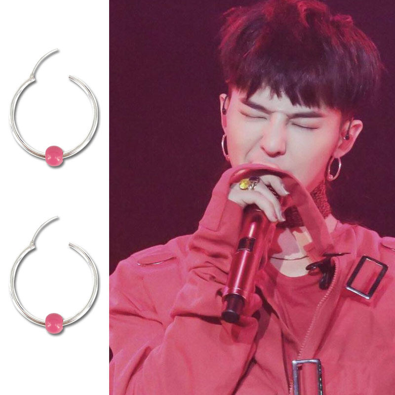 耳环gd权志龙明星同款镀银圆圈玫红珠防过敏耳环