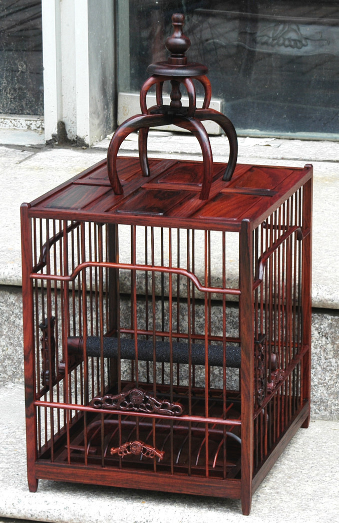 新款大红酸枝雕刻四亮方鸟笼手工红木笼子