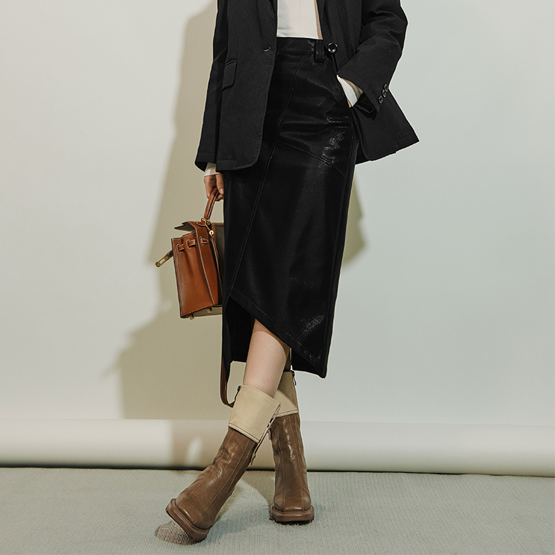 美洋MEIYANG 米格鲁皮裙 不规则开叉中长款加绒半身包臀裙秋冬女