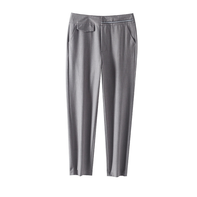 撞色织带口袋装饰灰色休闲筒裤高腰显瘦哈伦休闲裤