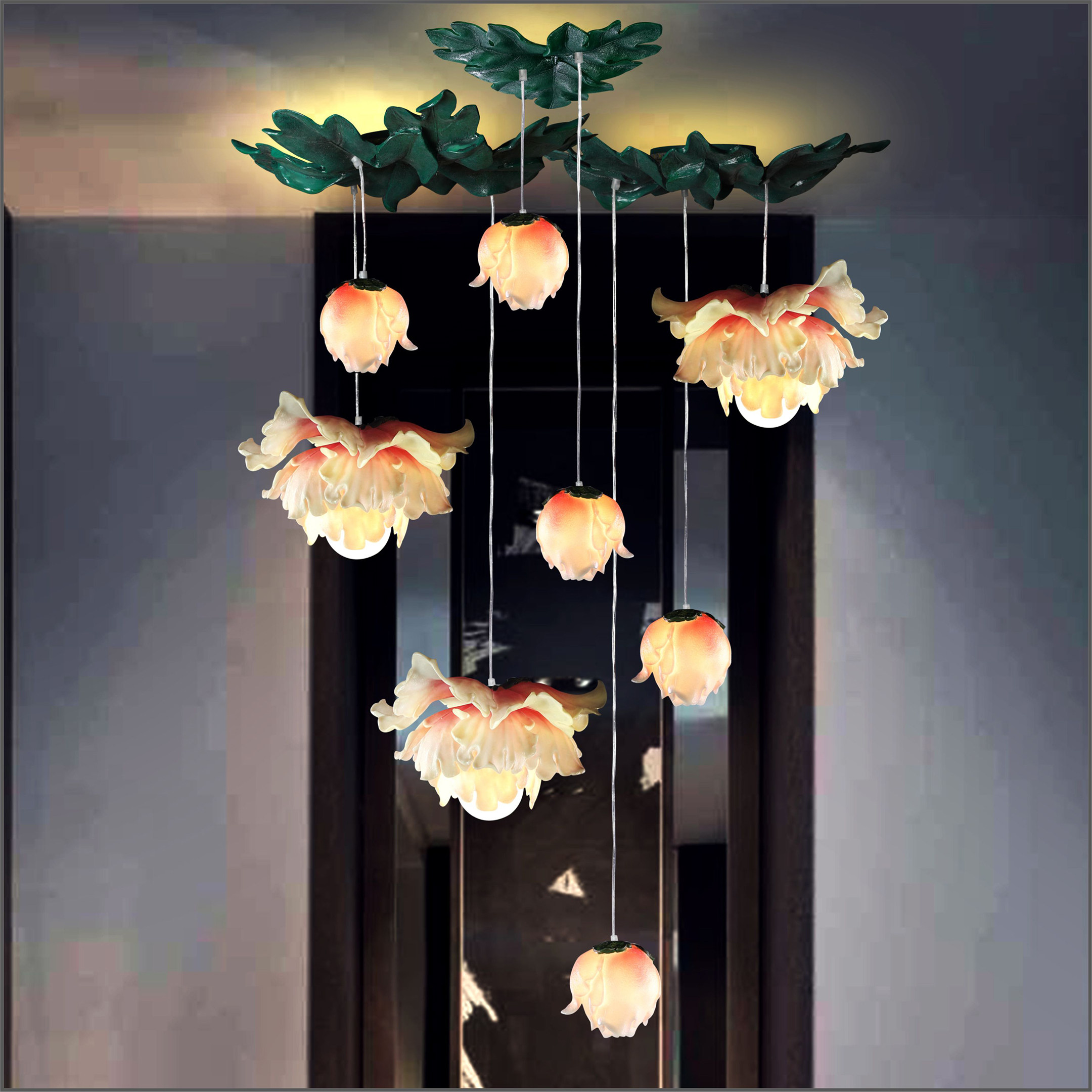 创意新中式手绘牡丹花吊灯客厅餐厅卧室婚房灯过道玄关楼梯吊顶灯