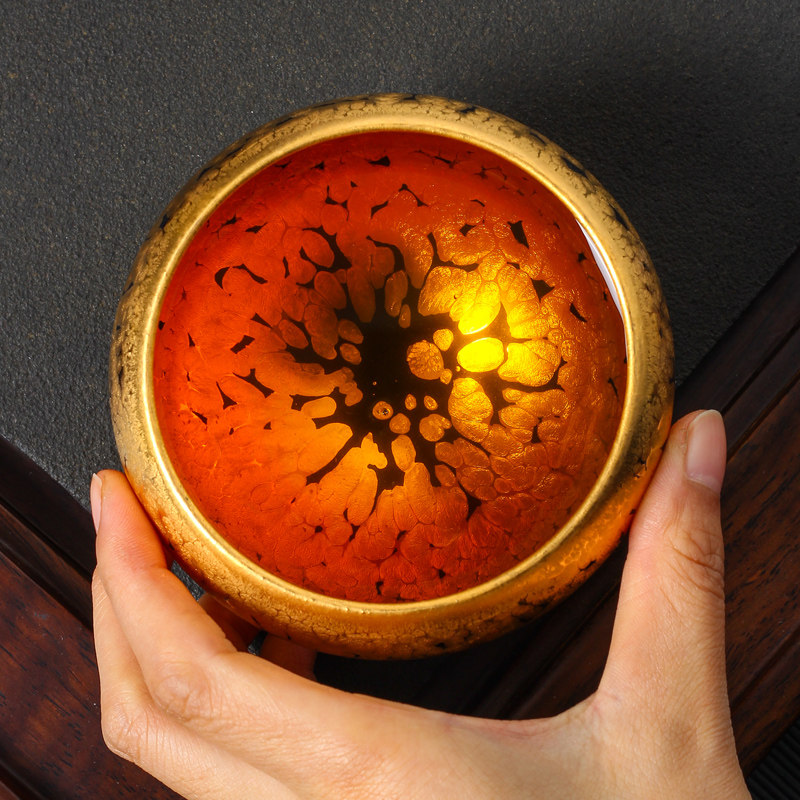 主人黄金油滴茶杯24k金功夫茶具手工建盏杯茶盏茶杯