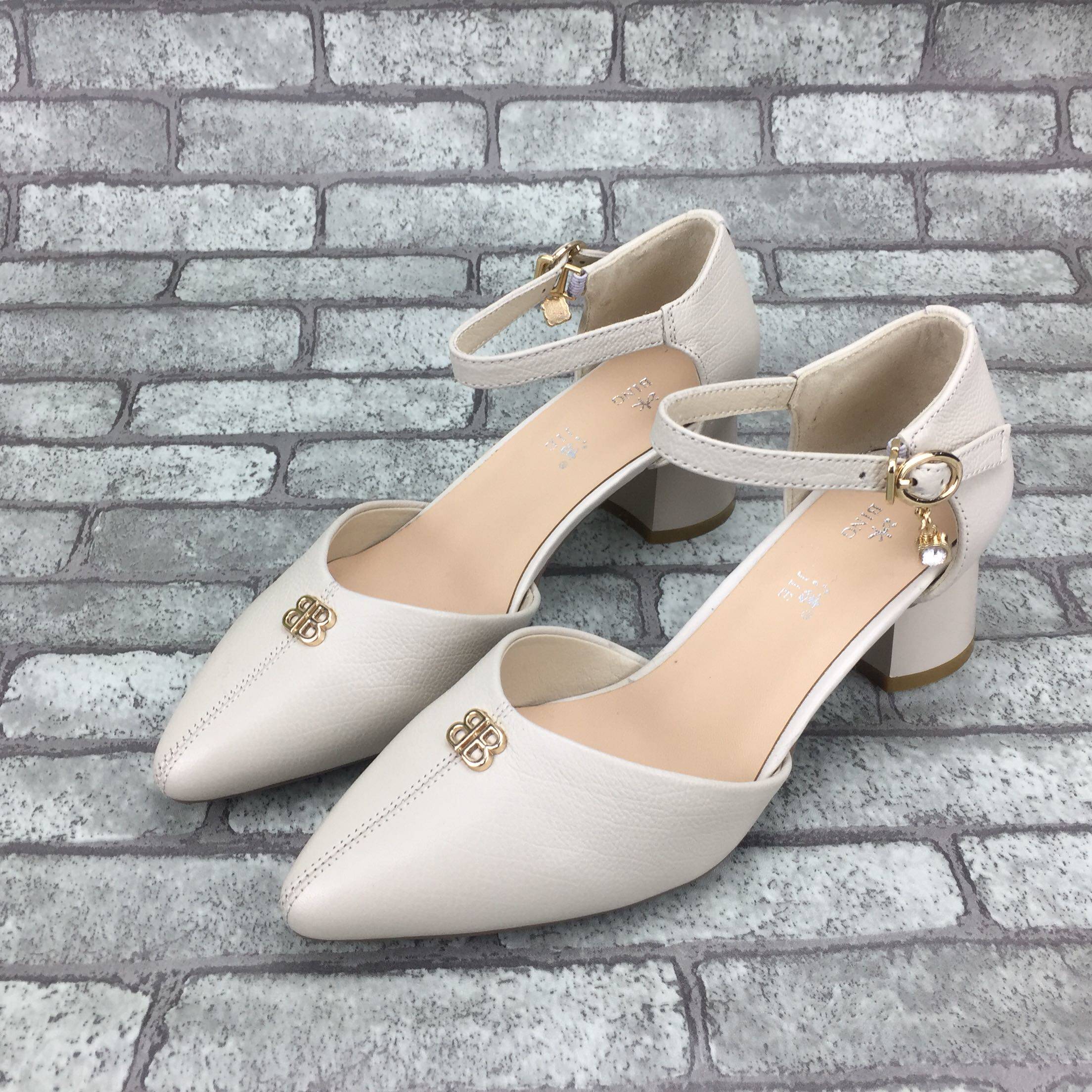 凉鞋冰洁女鞋2019春季新款真皮粗跟中跟尖头时装凉鞋