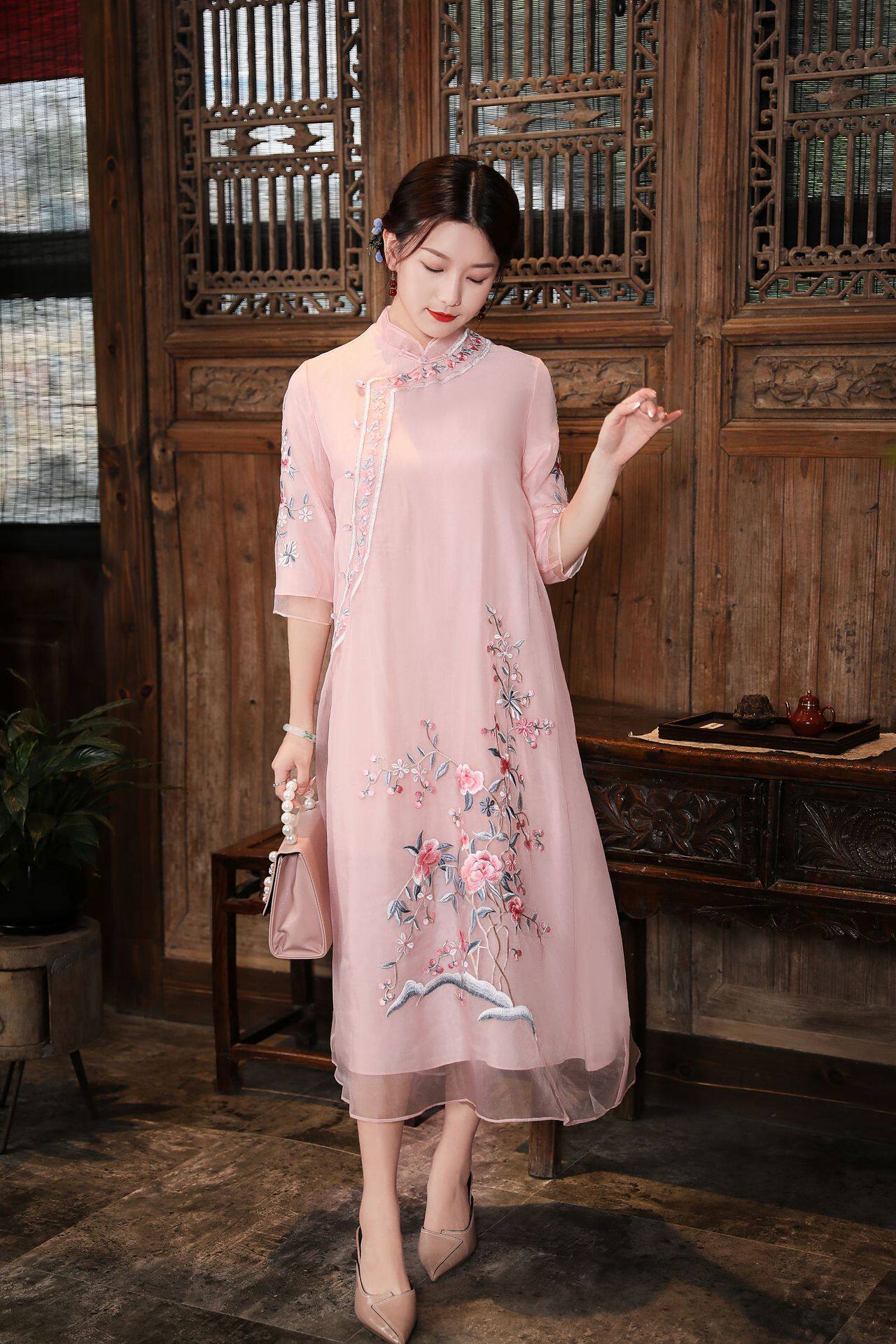 中国改良大码宽松茶服中式复古旗袍国风夏改良连衣裙