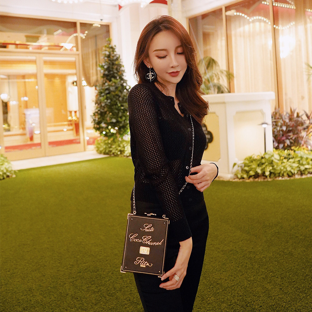 veramoon 新品优雅气质长袖圆领镂空针织开衫金银丝线纯