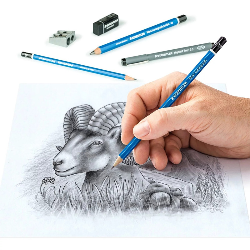 德国staedtler施德楼蓝杆灰杆炭笔8b素描绘画学生铅笔