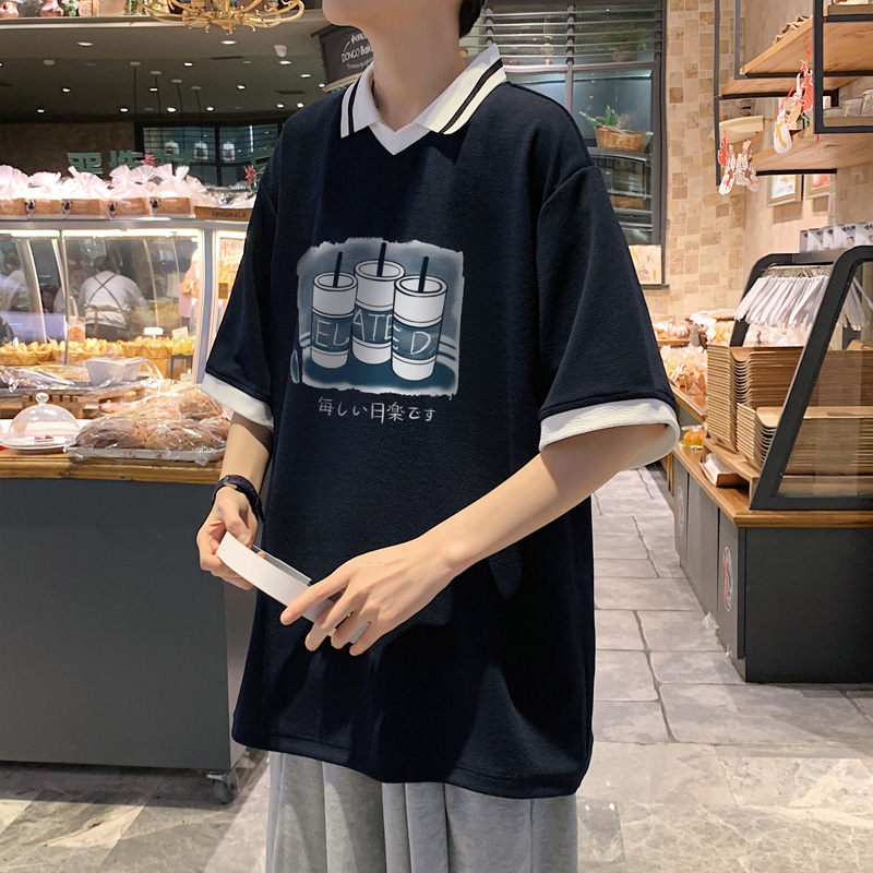 港风假两件潮牌polo衫男夏季冰丝翻领短袖T恤美式复古有领菠萝衫