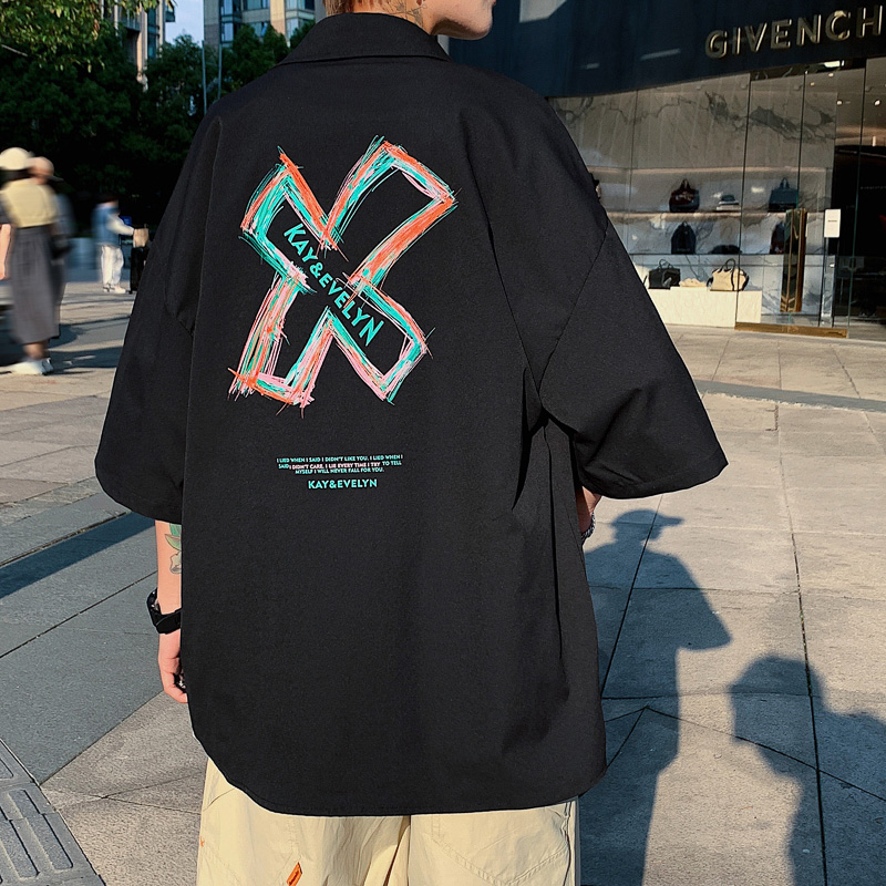 涂鸦潮男衬衫痞帅韩系风格穿搭短袖衬衣夏季青少年设计感男装外套