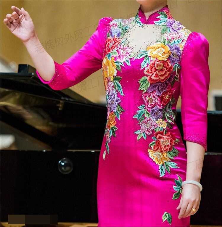 定制军旅歌唱家歌唱礼服中长长袖红色美声独唱礼服