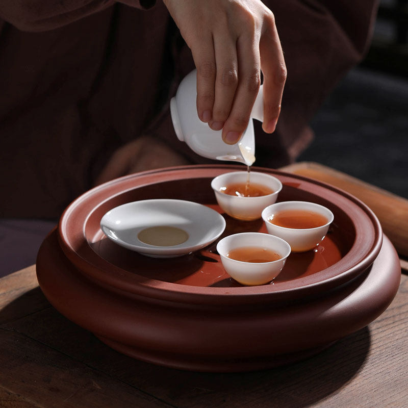 潮州传统手拉朱泥茶茶盘功夫茶紫砂茶池茶海蓄水茶盘