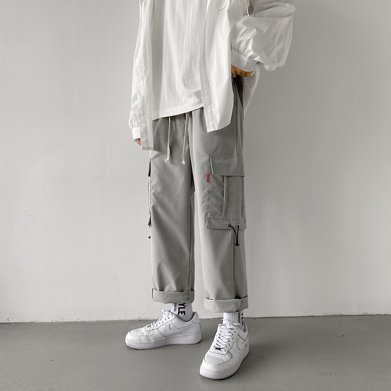 工装裤男宽松直筒春季潮牌束脚哈伦裤百搭松紧腰抽绳休闲长裤子男