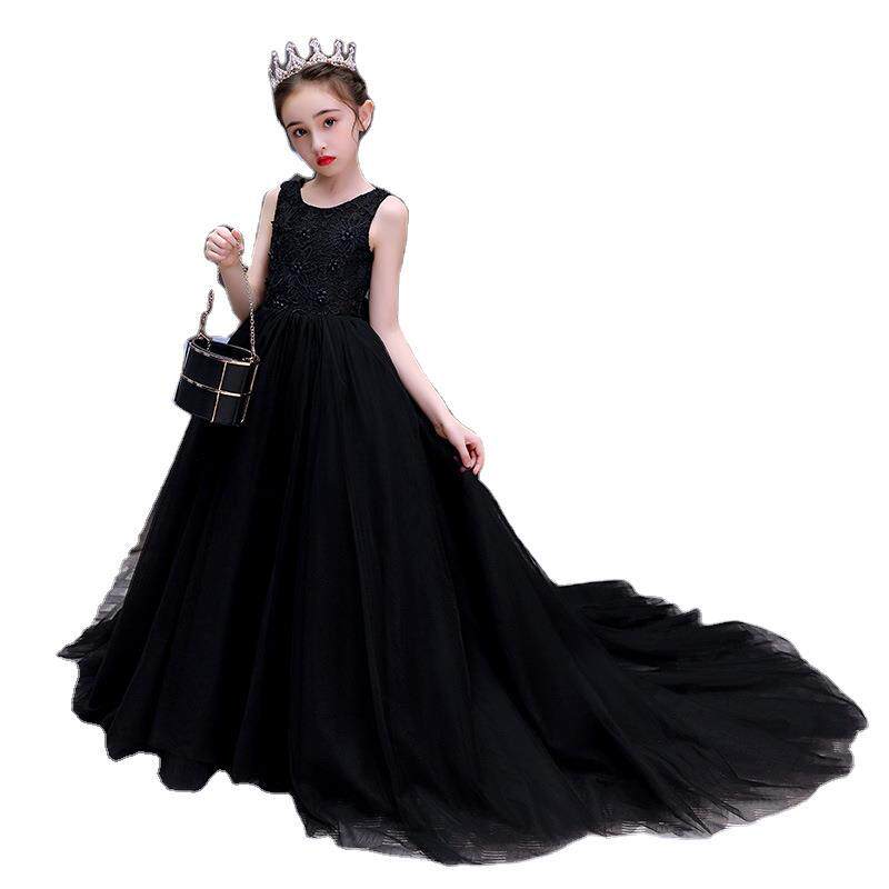 女童黑色长裙礼服公主裙拖尾主持人女孩气质蓬蓬纱无袖演出服定做