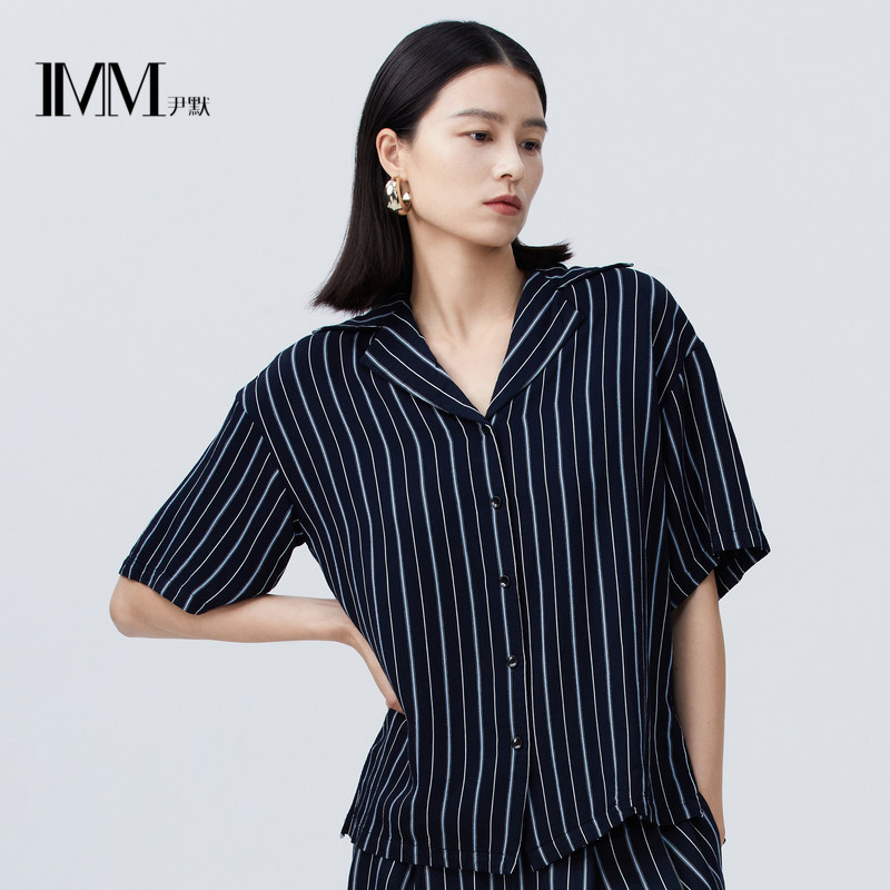 imm尹默女装夏季醋酸蓝色条纹短袖衬衫衬衫