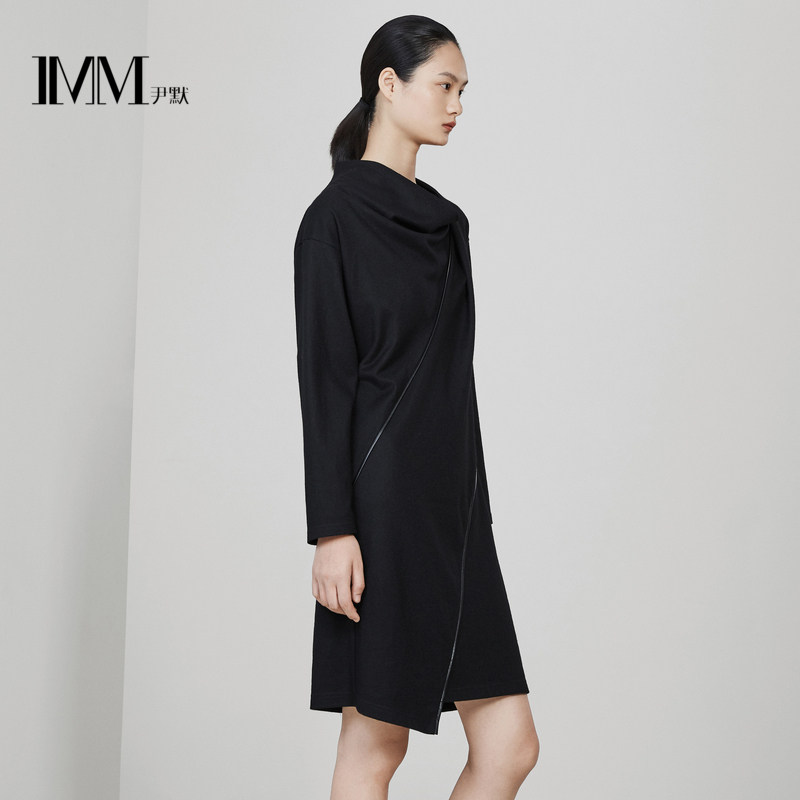 imm尹默女装春秋素色斜裁镶皮连衣裙iwad50006连衣裙