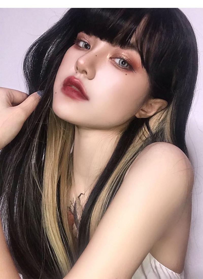 挑染假发头套亚麻金色长发网红逼真彩色lolita日常整顶假发